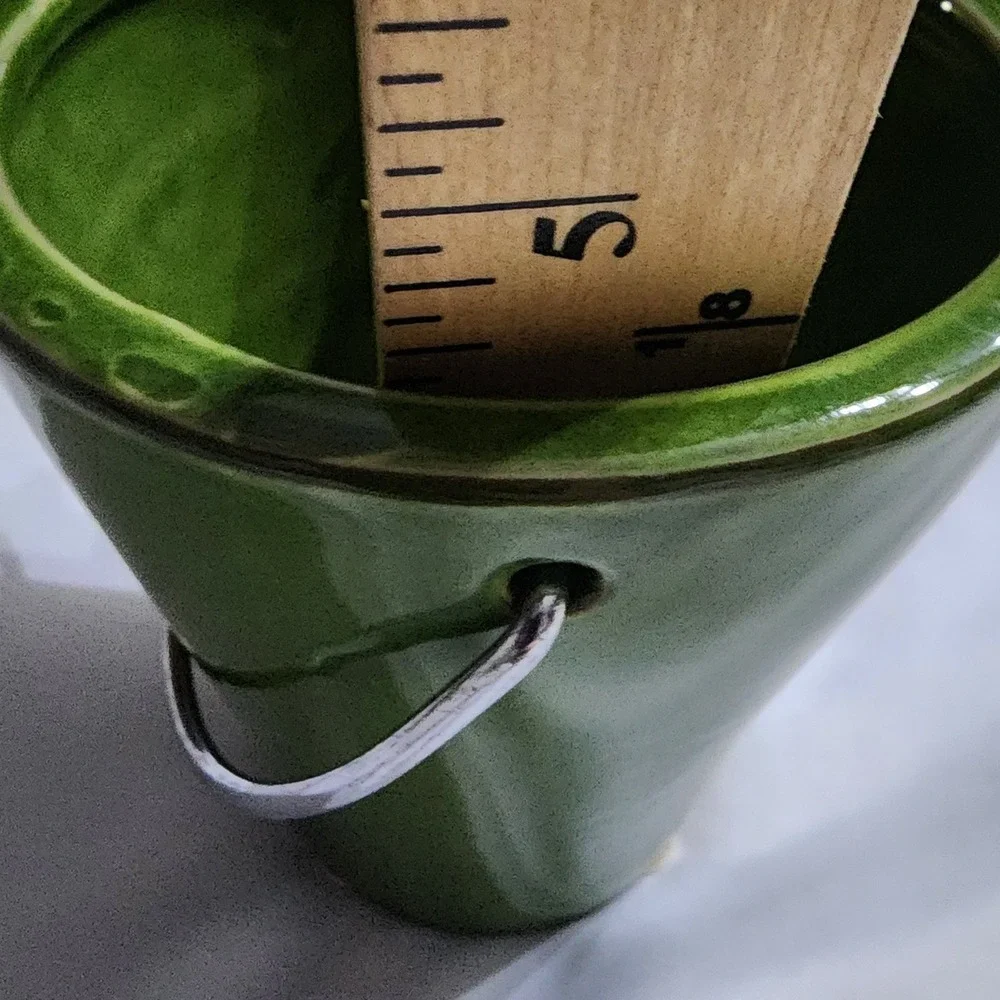 Green Glazed Ceramic Decorative Mini Bucket Metal Handle Crackle Finish 4.5 inch
